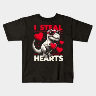 Valentines Day I Steal Hearts Boys Men Love T rex Dino Baby Kids T-Shirt